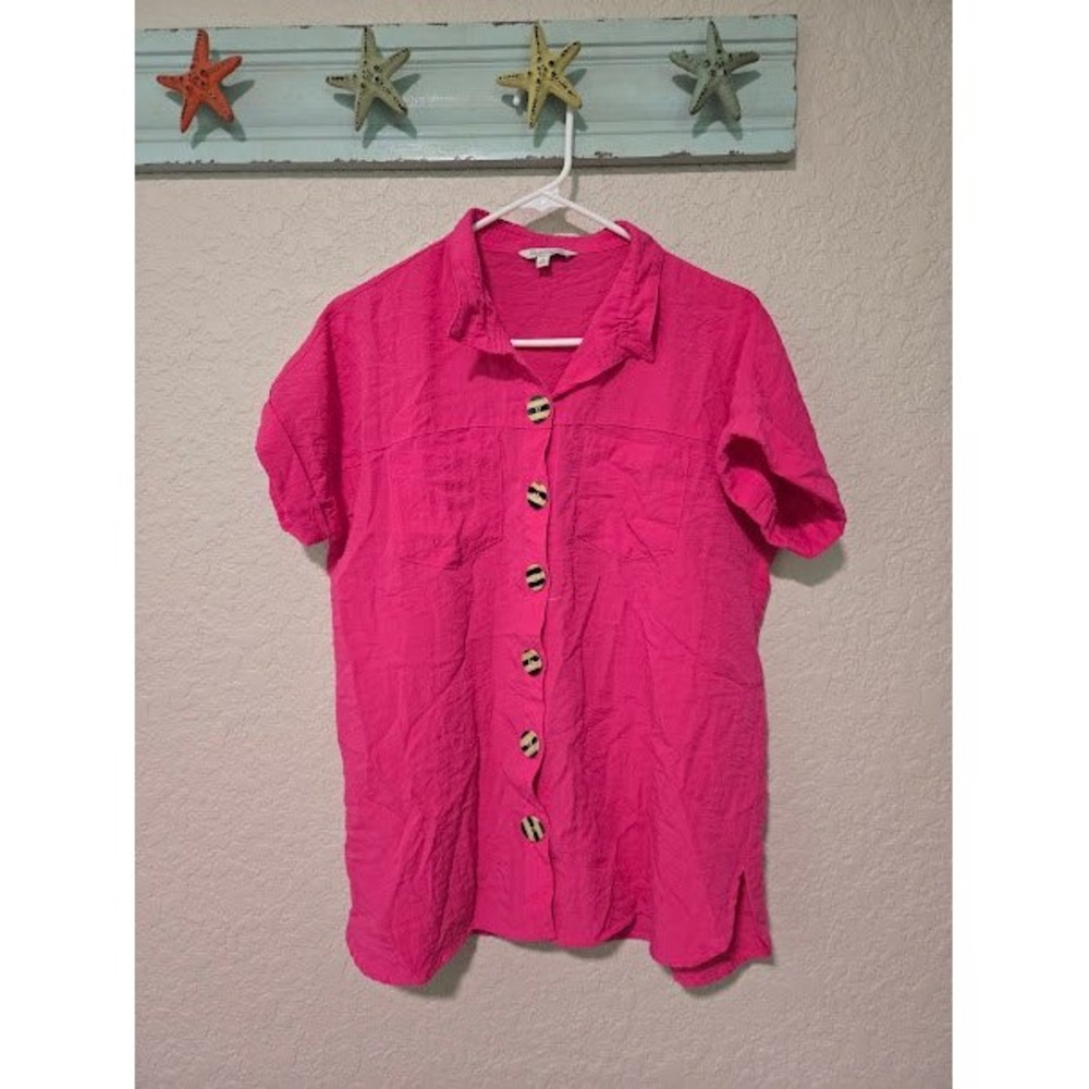 John Mark Womens Hot Pink Crinkle Short Sleeve Button Down Shirt Size S Pocket